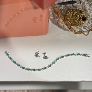 Silver Diamond and Emerald Bracelet Set